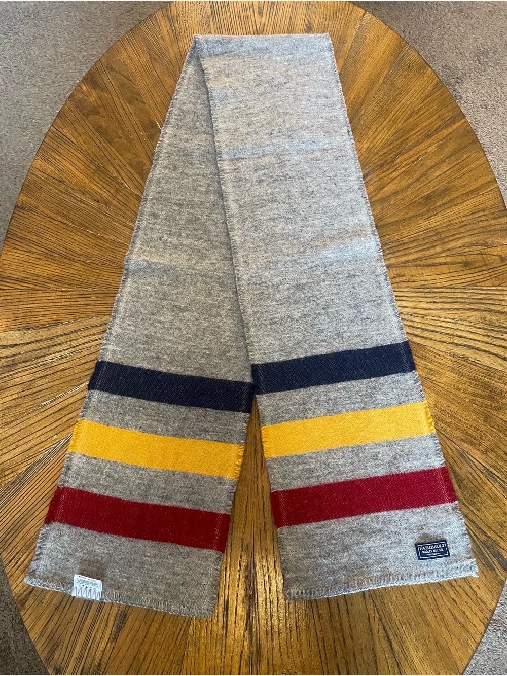 Men's Faribault Woolen Mill Co. Gray Wool Scarf with Navy, Yellow & Red Stripes
